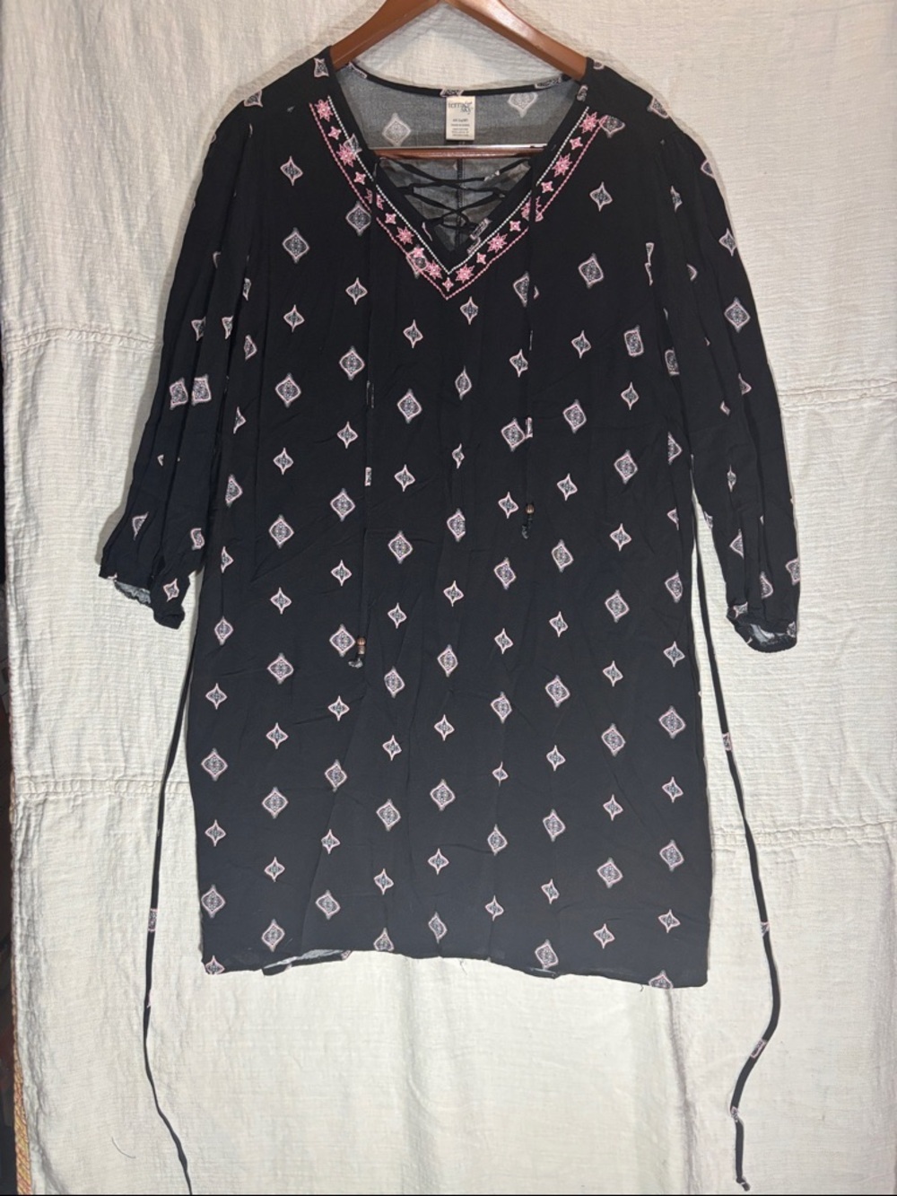 Terra & Sky Boho Black Lace up Mini Dress with Pink Diamond Accents